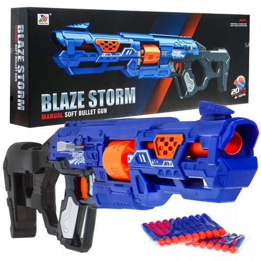 Blaze Storm Karabin children's toy gun with manual slide and 20 soft foam bullets in blue and orange design