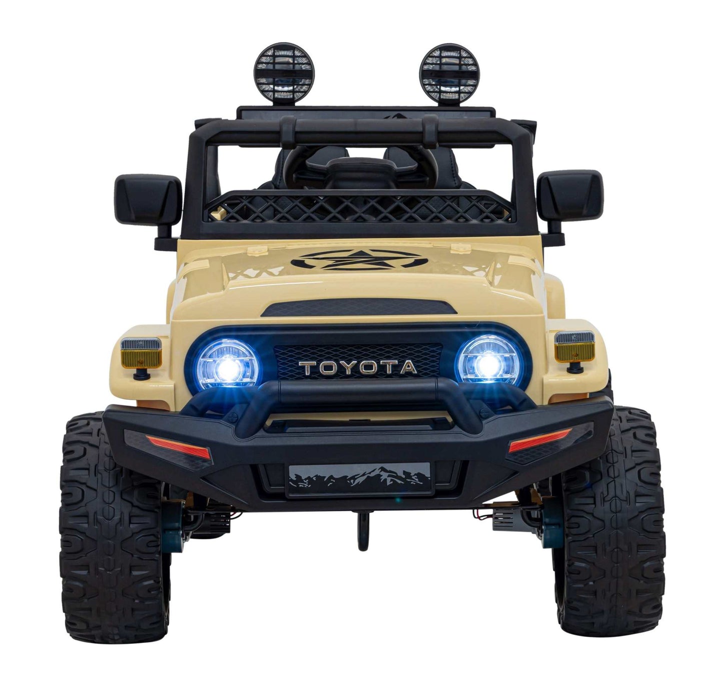Beige Toyota FJ Cruiser kids' electric car with 4x4 drive, LED lights, audio, EVA wheels, and remote control