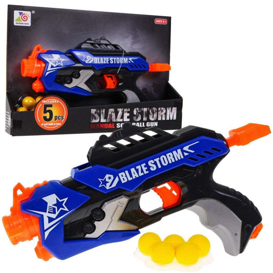 Blaze Storm blue and black foam dart pistol for kids with 5 foam balls and manual spring mechanism