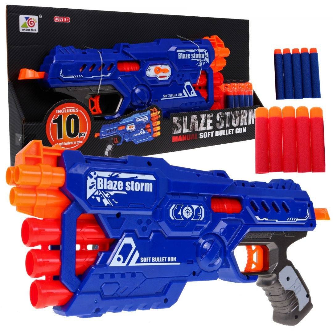Blaze Storm Karabin 6-lufowy ręczny pistolet na piankowe pociski dla dzieci 8+ w niebiesko-pomarańczowym kolorze z magazynkiem na 6 nabojów i 10 piankowych pocisków.