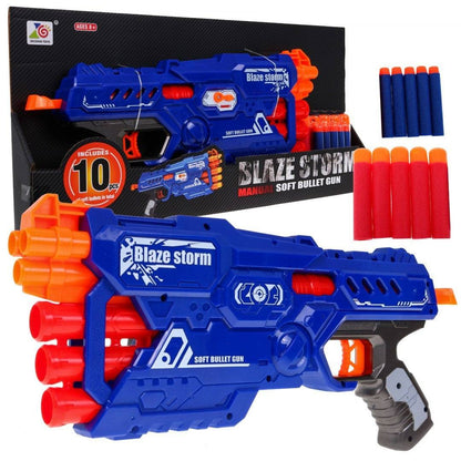 Blaze Storm Karabin 6-lufowy ręczny pistolet na piankowe pociski dla dzieci 8+ w niebiesko-pomarańczowym kolorze z magazynkiem na 6 nabojów i 10 piankowych pocisków.