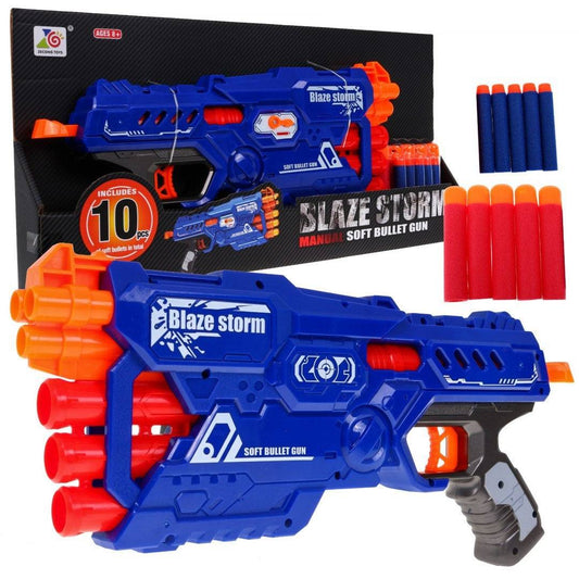 Blaze Storm Karabin 6-lufowy ręczny pistolet na piankowe pociski dla dzieci 8+ w niebiesko-pomarańczowym kolorze z magazynkiem na 6 nabojów i 10 piankowych pocisków.