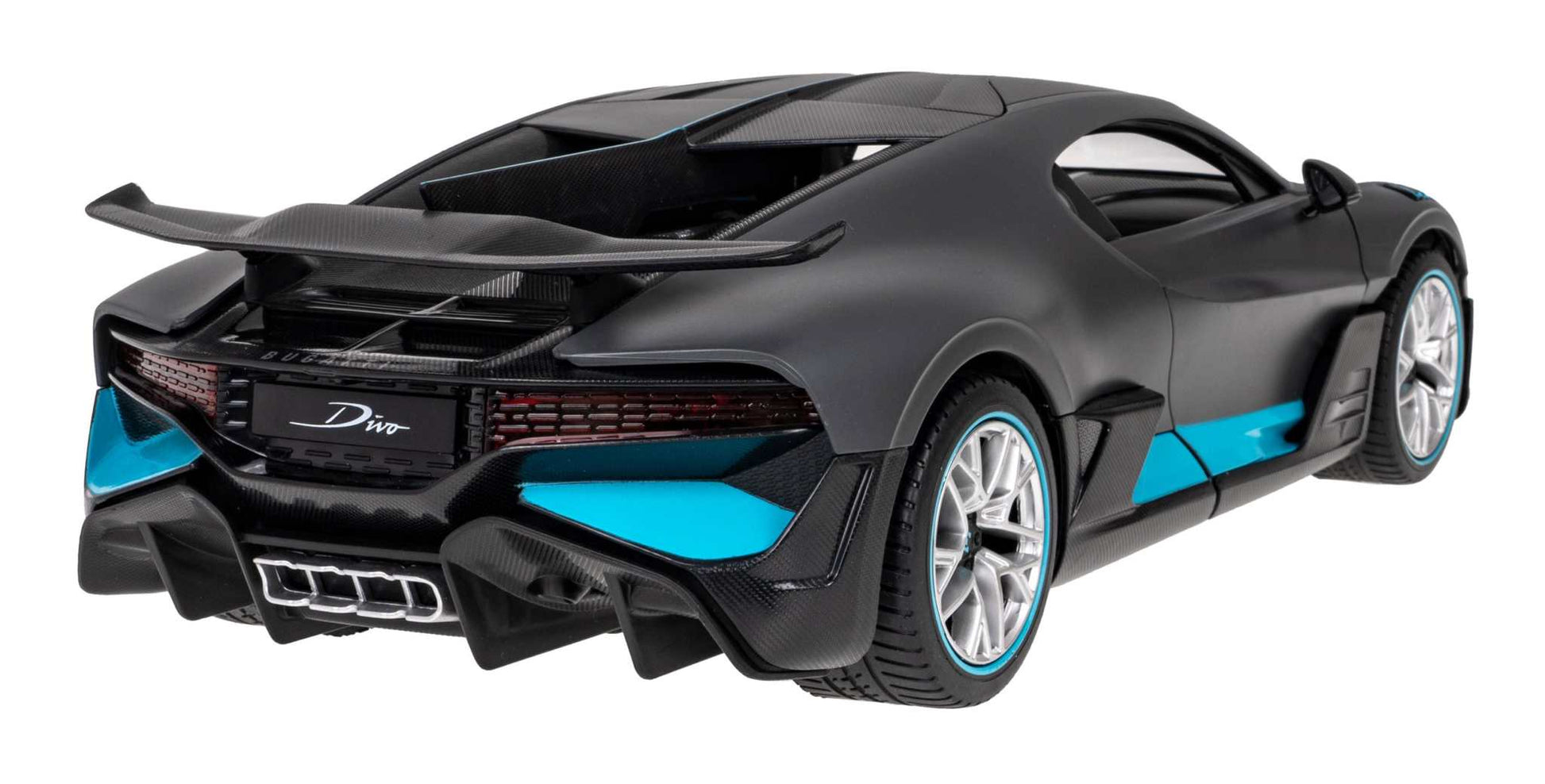 Bugatti Divo zdalnie sterowane auto 1:14 w czarnym i niebieskim wykończeniu z detalami i skrzydłem tylnego spojlera
