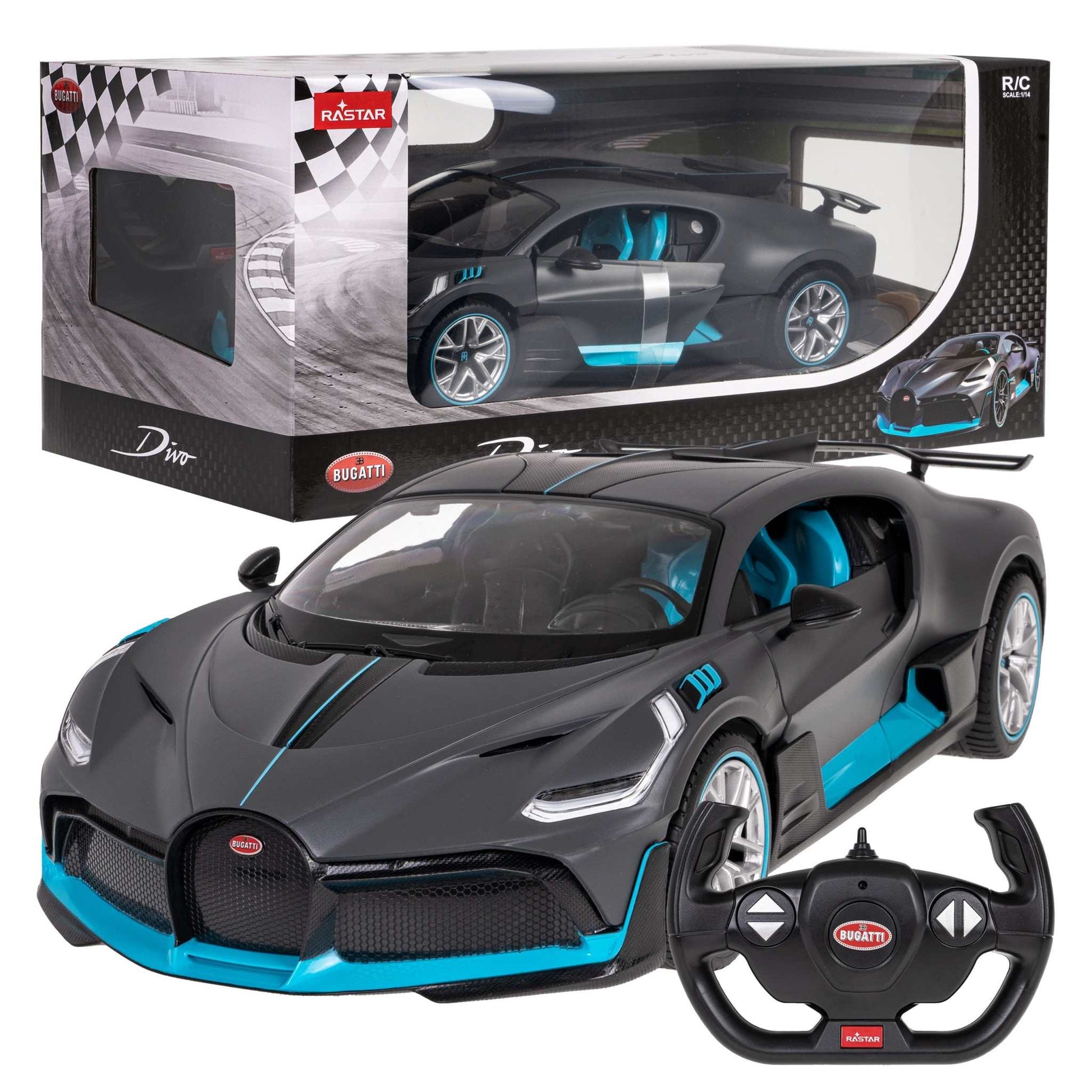 Bugatti Divo RASTAR 1:14 scale remote control car with black and blue details and controller, collectible RC model