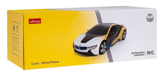 BMW i8 RASTAR 1:24 scale remote control car with color-changing body and LED lights in white and yellow packaging