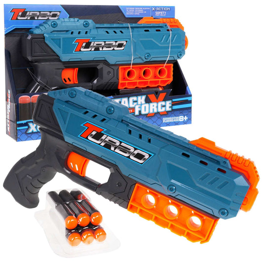 Niebieski pistolet Turbo dla dzieci z 6 pomarańczowymi bezpiecznymi pociskami i ręcznym mechanizmem do strzelania bez baterii.