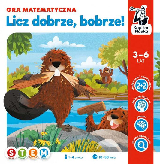 Licz dobrze bobrze edukacyjna gra matematyczna dla dzieci 3-6 lat z drewnianymi elementami i ilustracjami bobrów.