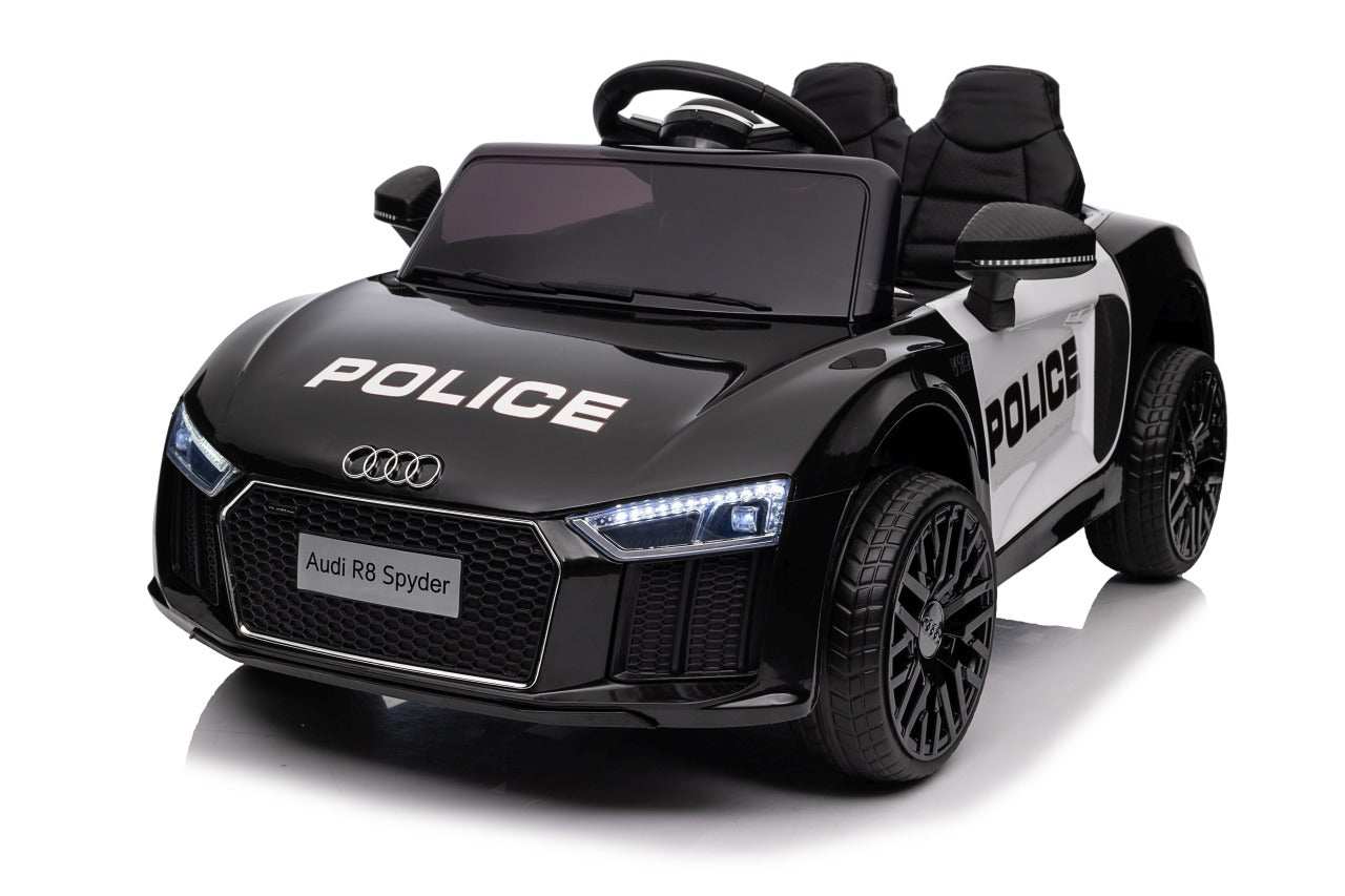 Black Audi R8 Policja electric ride-on car for kids with police design, LED lights, and remote control.
