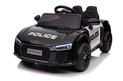 Black Audi R8 Policja electric ride-on car for kids with police design, LED lights, and remote control.