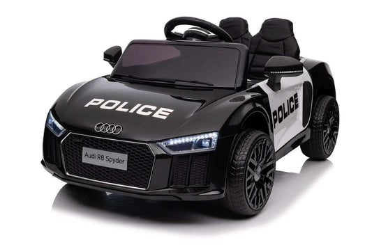 Black Audi R8 Policja electric ride-on car for kids with police design, LED lights, and remote control.