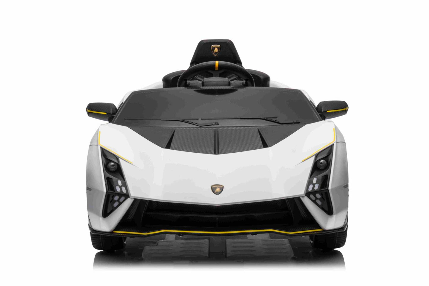 Lamborghini Invencible electric kids ride-on car in white with black hood and yellow LED lights