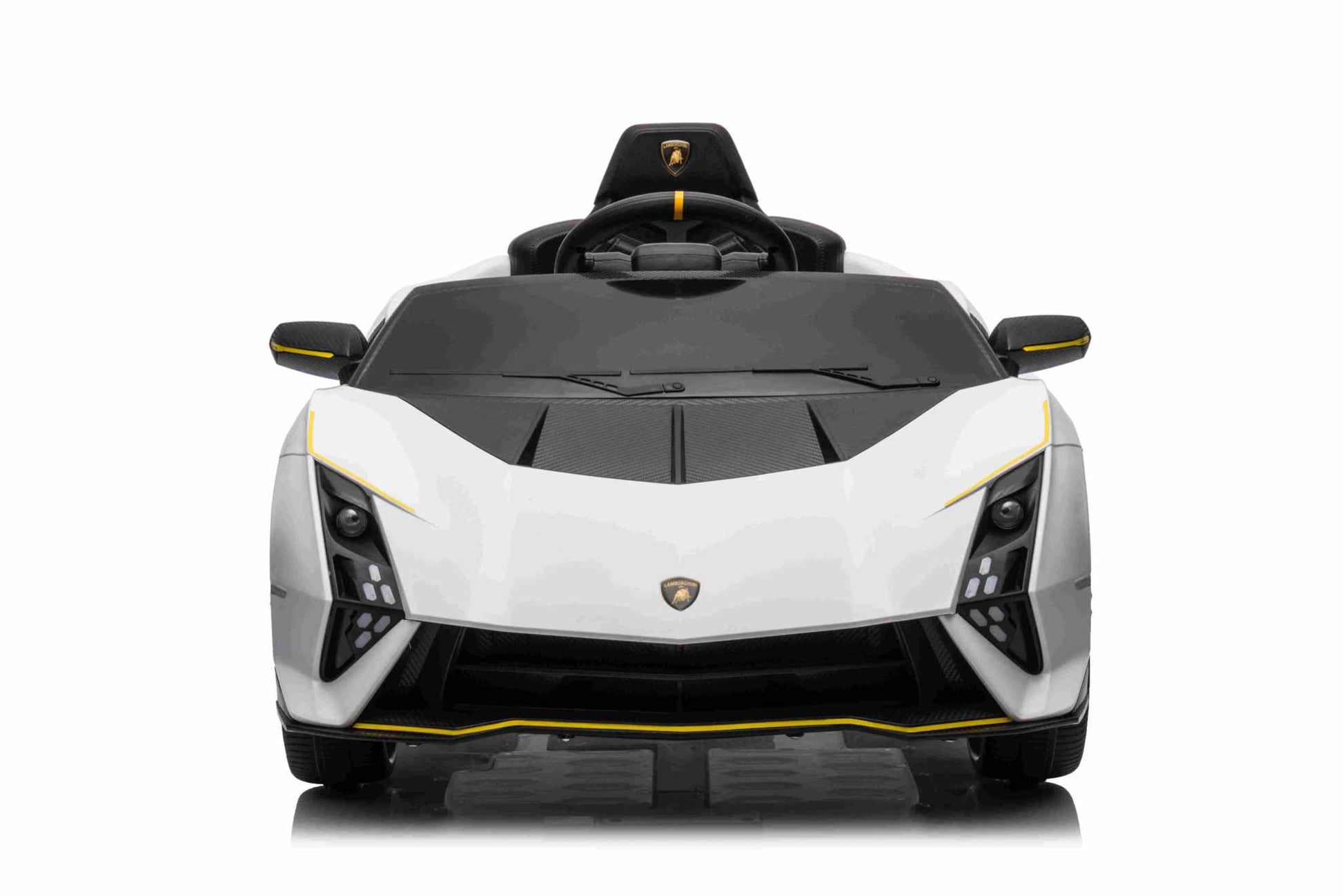 Lamborghini Invencible electric kids ride-on car in white with black hood and yellow LED lights