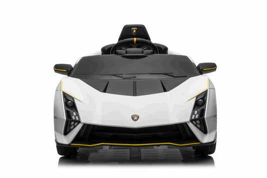 Lamborghini Invencible electric kids ride-on car in white with black hood and yellow LED lights