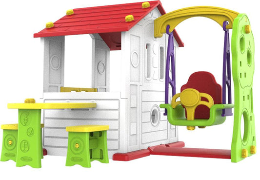 Domek ogrodowy 3w1 dla dzieci z czerwonym dachem HDPE z huśtawką i miejscem do zabawy na zewnątrz