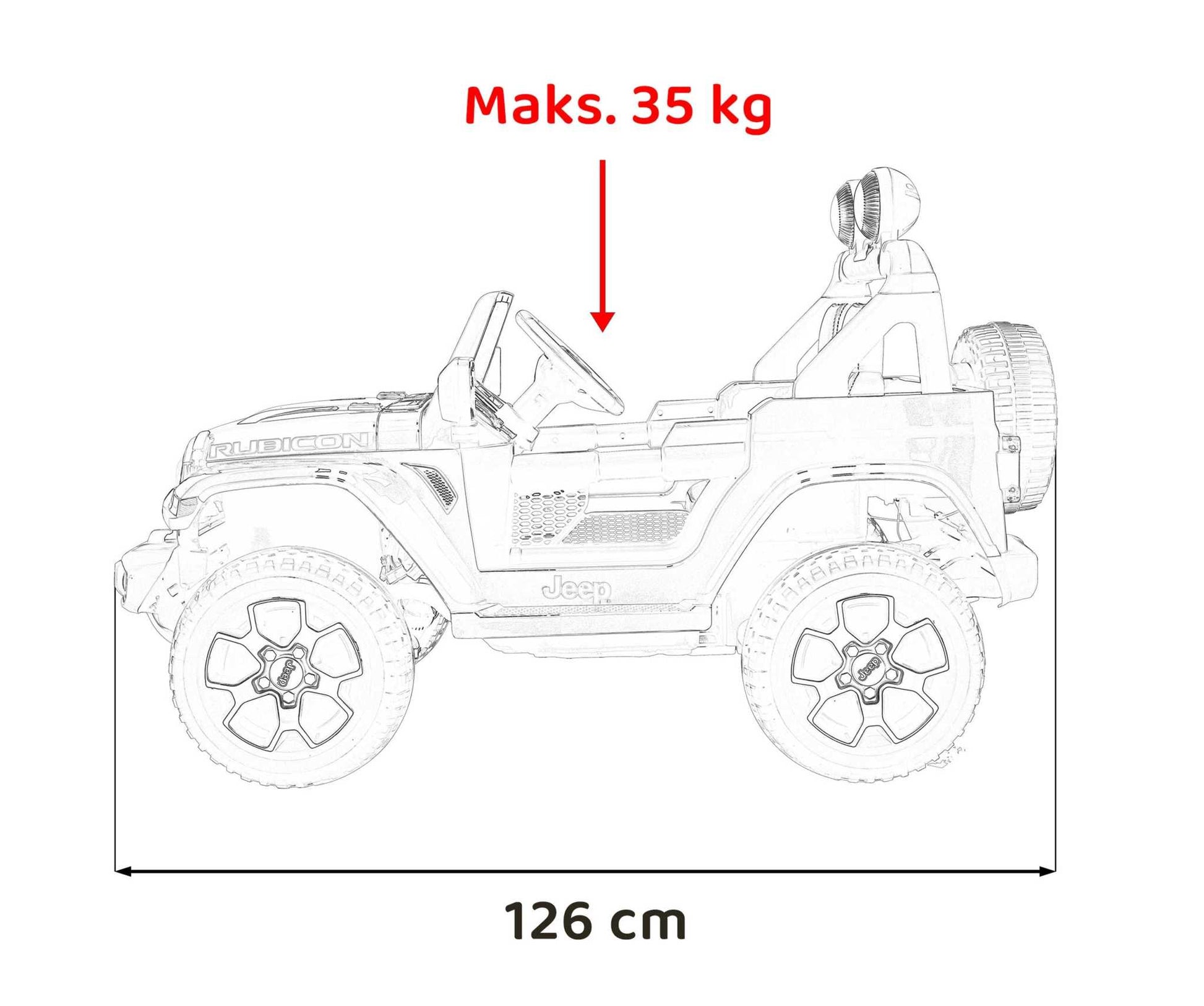 Jeep Wrangler Rubicon electric ride-on toy car for kids up to 35kg with LED lights and remote control, 126 cm long.