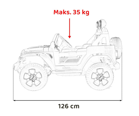 Jeep Wrangler Rubicon electric ride-on toy car for kids up to 35kg with LED lights and remote control, 126 cm long.