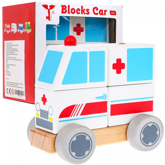 Drewniane autko ambulans z ruchomymi kółkami i klocuszkami dla maluchów, kreatywna zabawka edukacyjna dla dzieci od 2 lat.