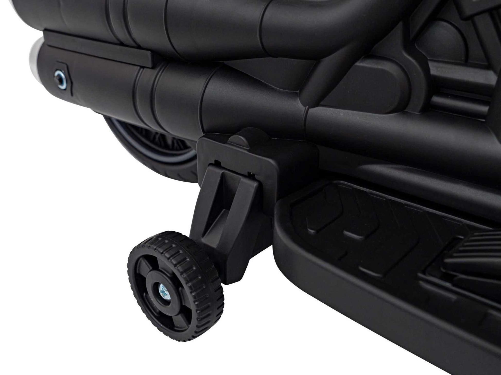 Close-up of black training wheel on Motorek Chopper FASTER kids' electric chopper motorcycle