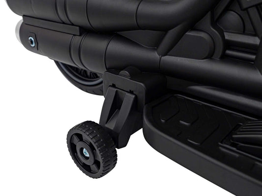 close-up of black training wheel on Motorek Chopper FASTER kids electric bike