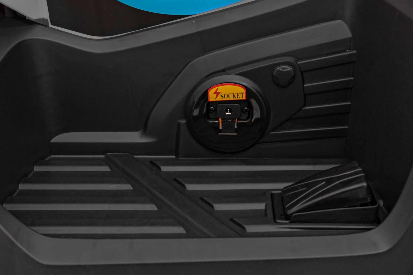 Quad McLaren Racing children's electric quad battery charging socket and foot pedal detail