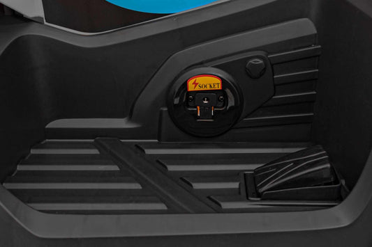 Quad McLaren Racing children's electric quad battery charging socket and foot pedal detail