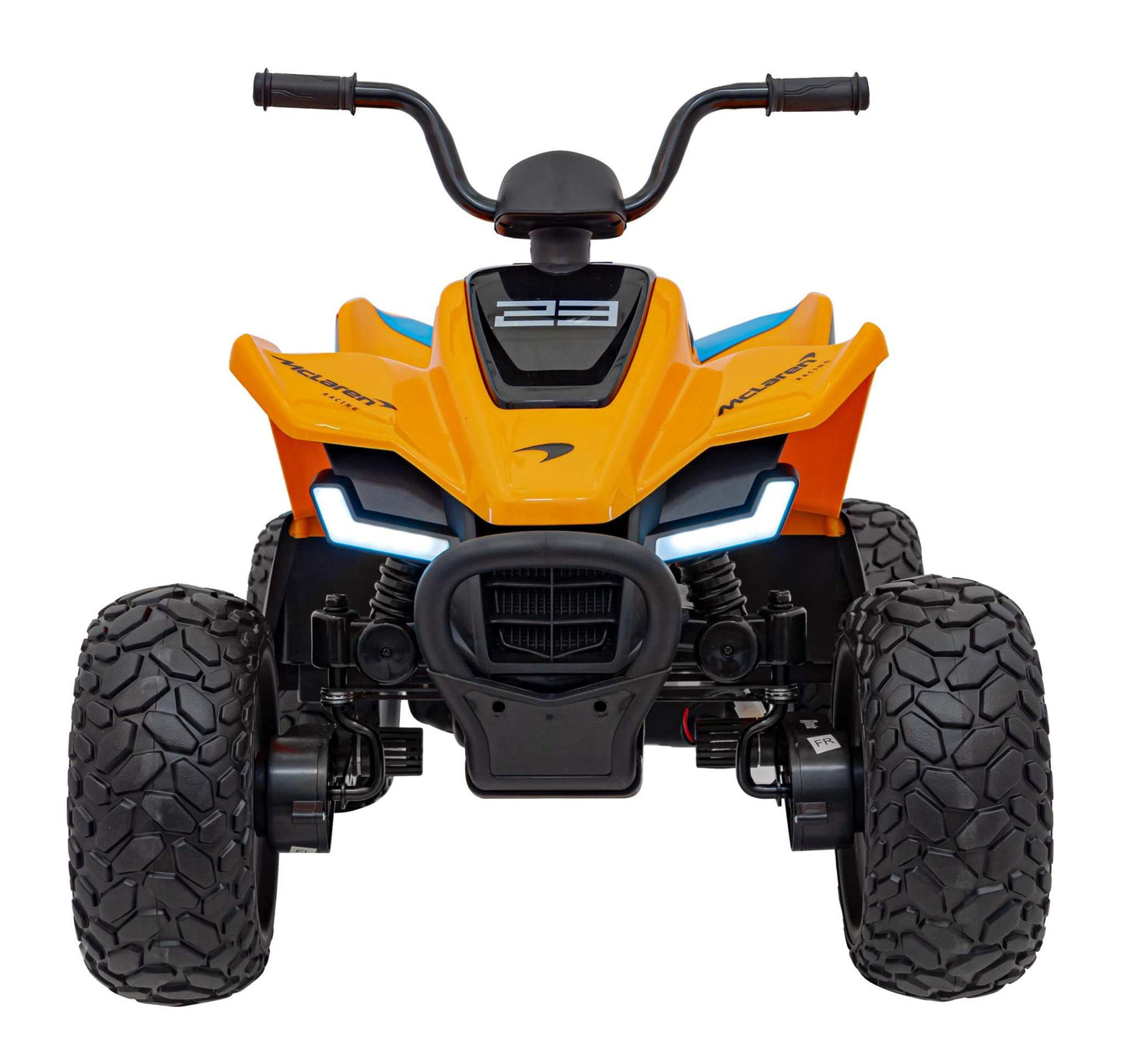 Front view of orange Quad McLaren Racing MCL 35 kids electric quad with LED lights and rugged EVA wheels