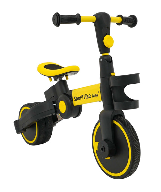 Rowerek Happy Bike 3w1 Sportrike żółty dla malucha 1-5 lat z regulowanym pchaczem i gumowymi kołami
