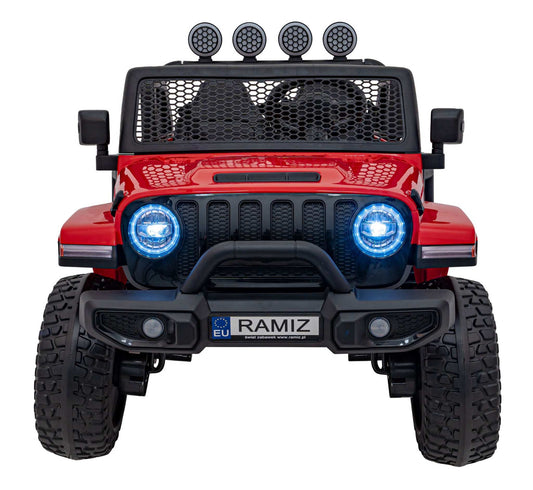 Auto terenowe OFF ROAD czerwony dla dzieci z pilotem, LED i audio, przód pojazdu z załączonymi światłami