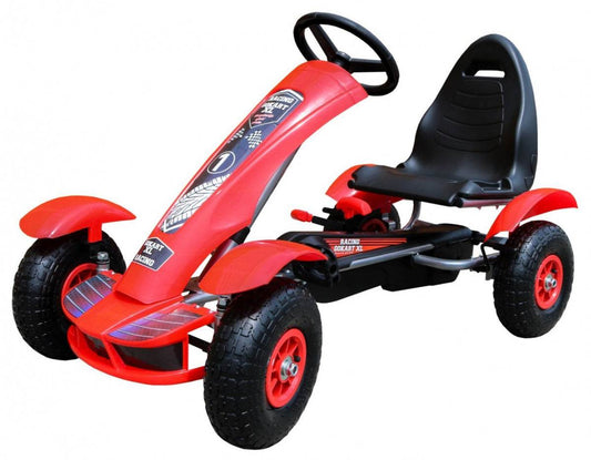 Czerwony gokart na pedały Racing XL dla dzieci z pompowanymi kołami i regulowanym fotelem