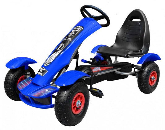 Niebieski gokart na pedały XL dla dzieci z pompowanymi kołami i regulowanym profilem fotela