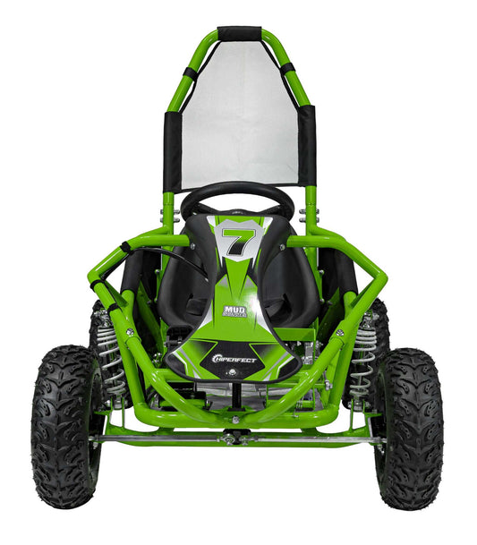 Green Gokart Mud Monster off-road vehicle with 1000W motor and sturdy frame front view