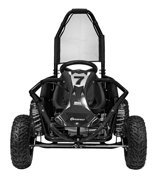 Czarny gokart Mud Monster z wytrzymałą ramą, 1000W silnikiem i regulowanym fotelem dla dzieci, do zabawy off-roadowej