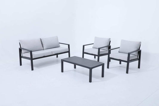 Meble ogrodowe aluminiowe zestaw sofa dwuosobowa, dwa fotele i stolik z poduszkami w neutralnym kolorze