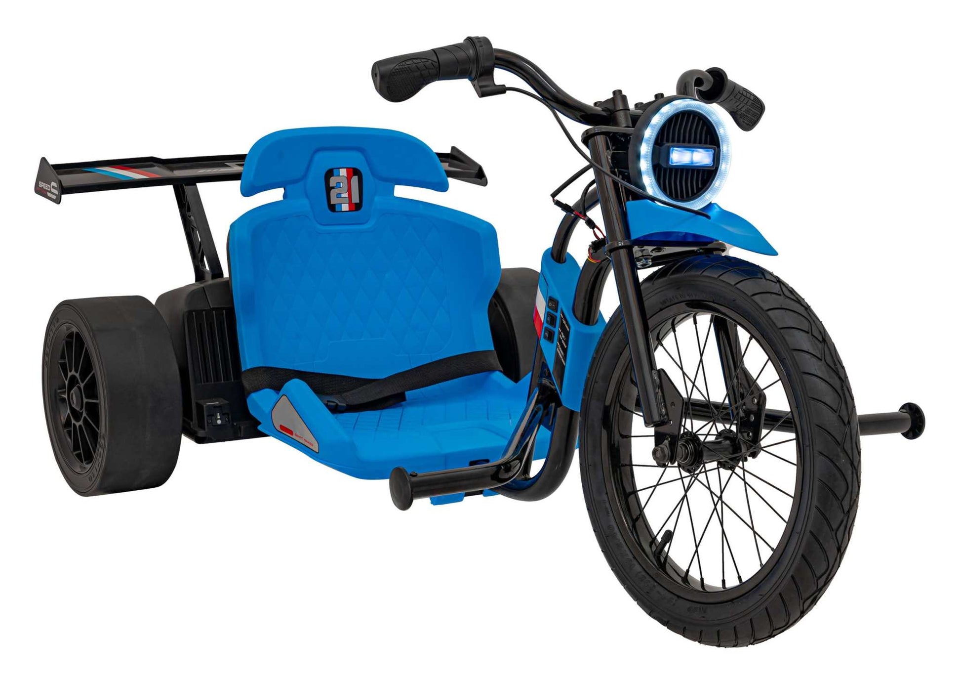 Drift Bike 21 Niebieski electric kids trike with LED light and adjustable blue sport seat