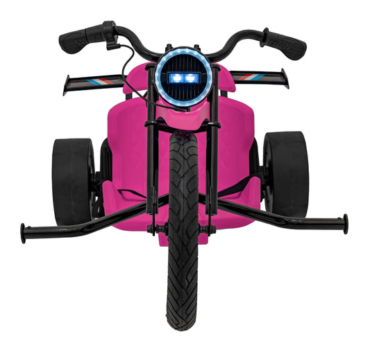 Front view of pink Drift Bike 21 children's ride-on with LED headlight and three wheels designed for drifting and speed.