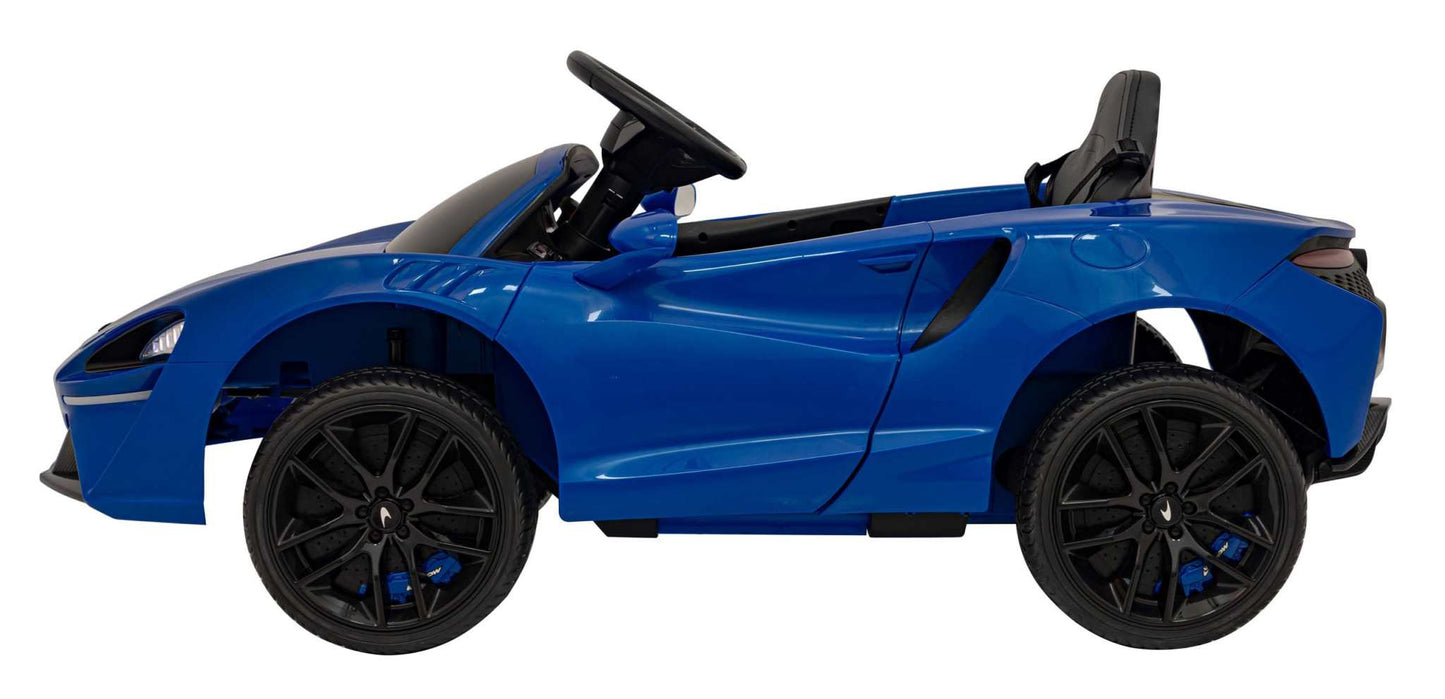Blue McLaren Artura kids electric ride-on car with 4x4 drive and LED lights