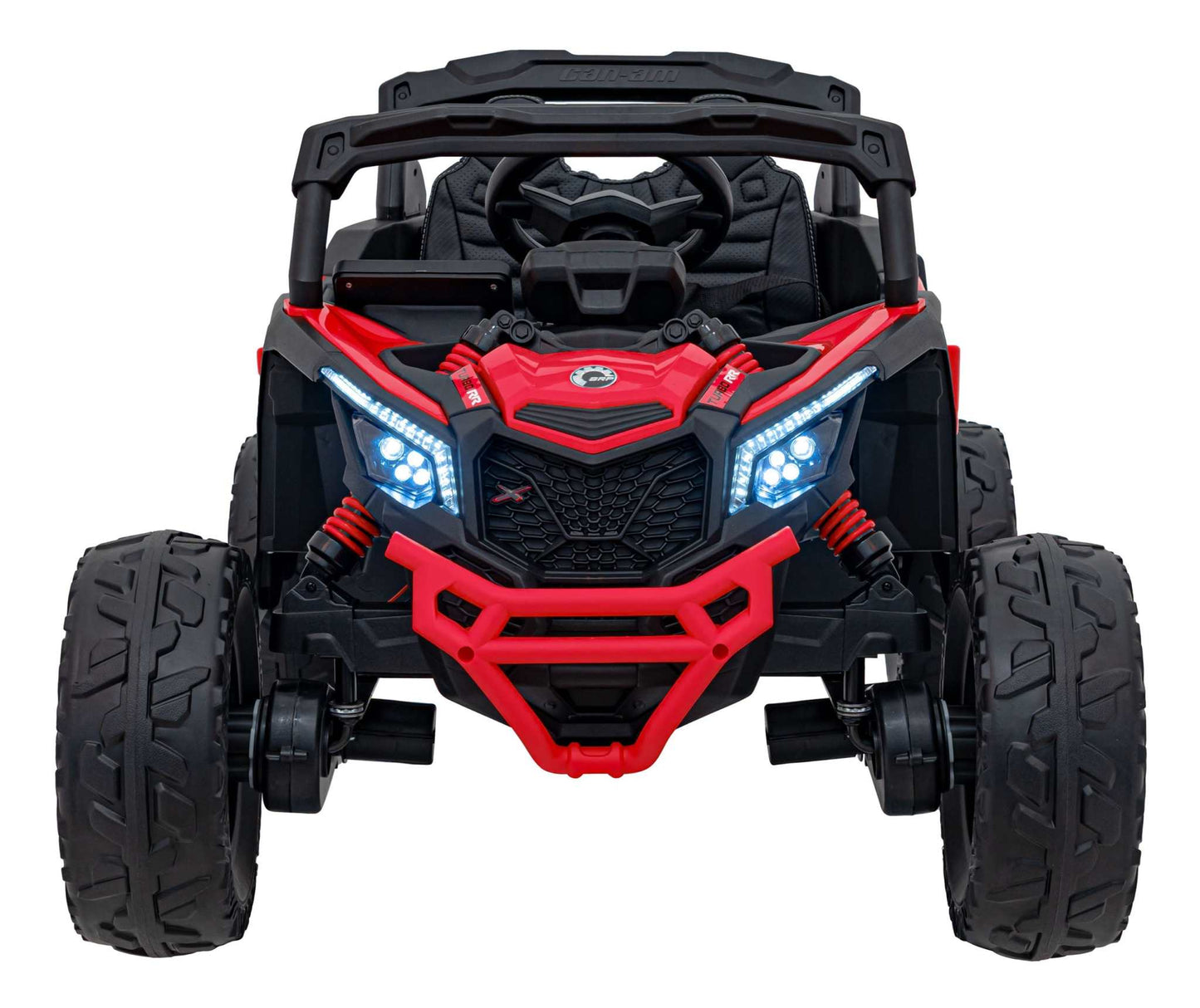 Red children's ATV CAN-AM Maverick with LED lights and 4WD, durable and safe for outdoor play