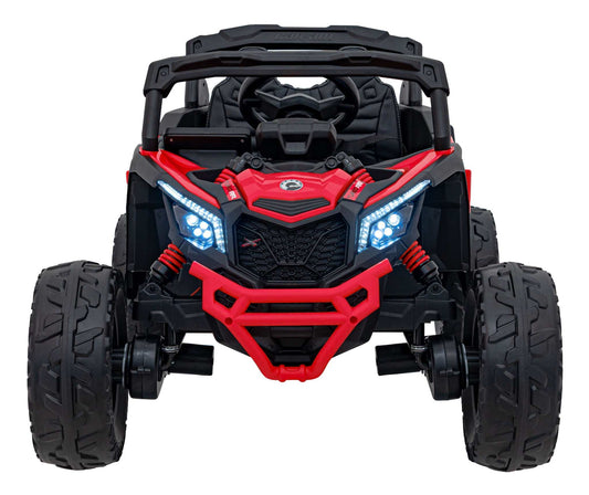 Red children's ATV CAN-AM Maverick with LED lights and 4WD, durable and safe for outdoor play