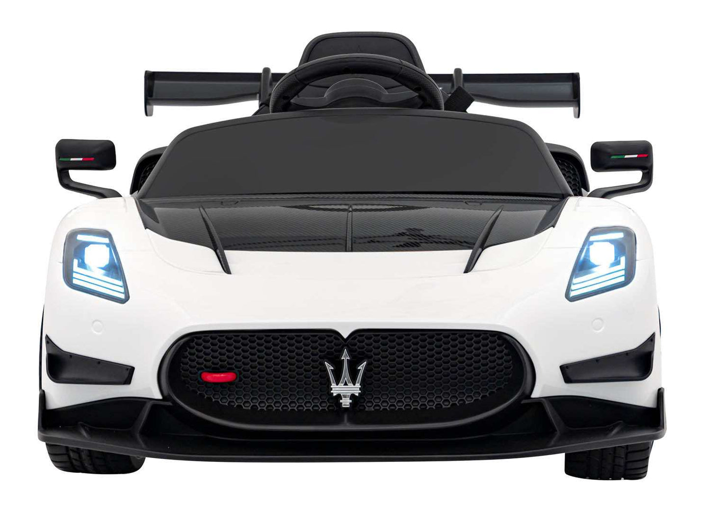 Biały dziecięcy pojazd elektryczny Maserati MC20 GT2 z pilotem i LED światłami, bezpieczny start, sportowy design