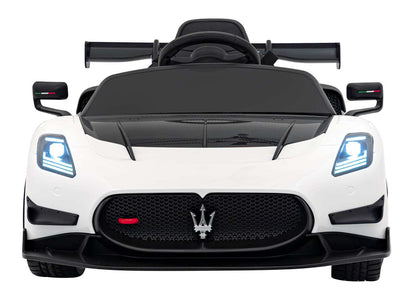 Biały dziecięcy pojazd elektryczny Maserati MC20 GT2 z pilotem i LED światłami, bezpieczny start, sportowy design