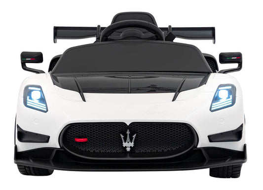 Biały dziecięcy pojazd elektryczny Maserati MC20 GT2 z pilotem i LED światłami, bezpieczny start, sportowy design