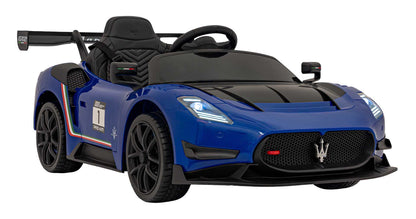 Niebieski elektryczny samochodzik dla dzieci Maserati MC20 GT2 12V z pilotem, realistyczny design i LED światła