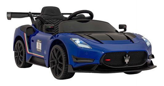 Niebieski elektryczny samochodzik dla dzieci Maserati MC20 GT2 12V z pilotem, realistyczny design i LED światła