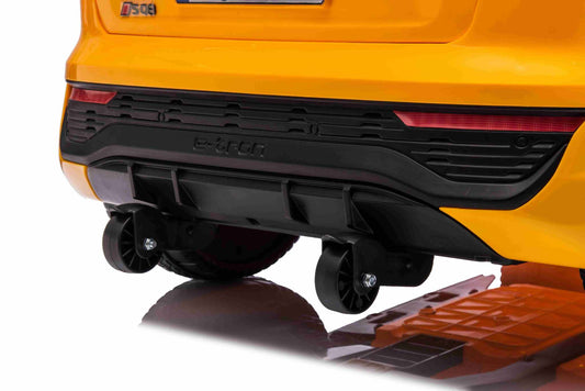 Rear close-up of yellow Audi SQ8 Żółty children's electric ride-on car with dual motors and LED lights
