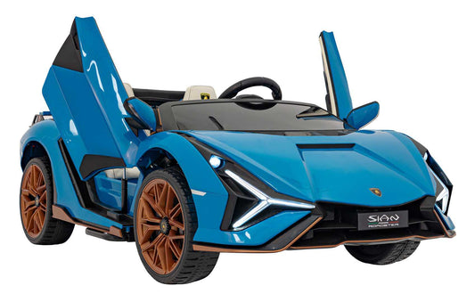 Lamborghini SIAN dziecięcy elektryczny samochodzik niebieski z otwieranymi drzwiami i LED światłami