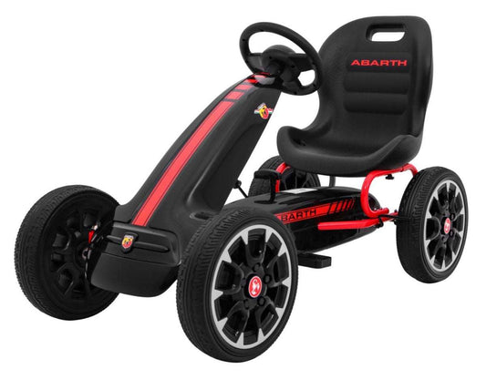 Gokart ABARTH dla dzieci czarny z czerwonymi detalami, koła EVA, hamulec ręczny, sportowy fotel, trwała konstrukcja.