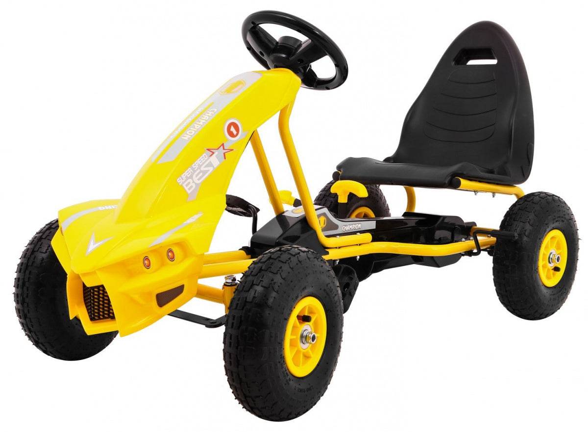 Żółty Gokart Champion dla dzieci 3+ z ręcznym hamulcem i regulowanym siedzeniem