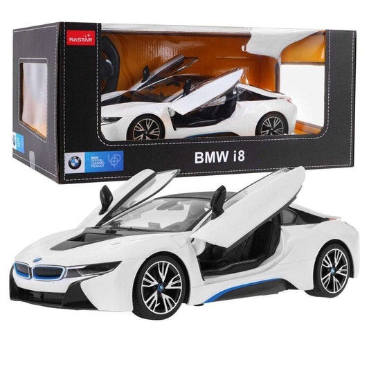 BMW i8 białe zdalnie sterowane auto 1:14 od RASTAR z otwieranymi drzwiami i realistycznym wnętrzem dla kolekcjonerów
