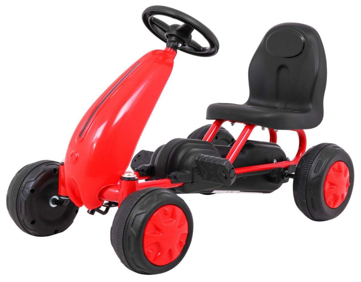 czerwony gokart na pedały dla dzieci z napędem łańcuchowym i pełną obudową, lekki i bezpieczny model do nauki jazdy