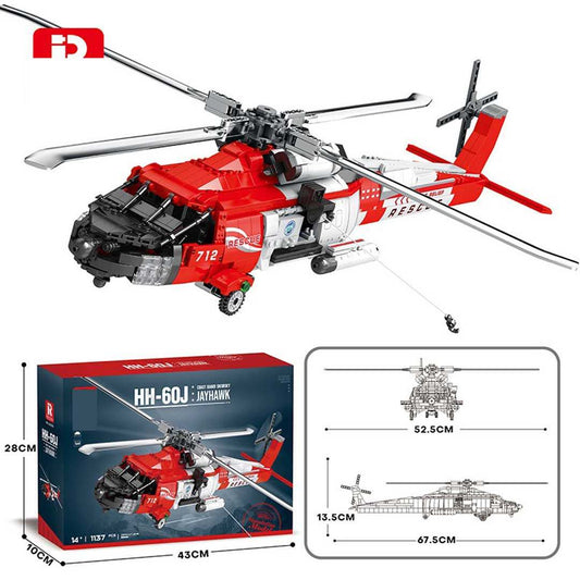 Zestaw Klocków Helikopter HH-60J 1137 elementów model czerwony i biały z obrotowym śmigłem i liną z hakiem dla 14+